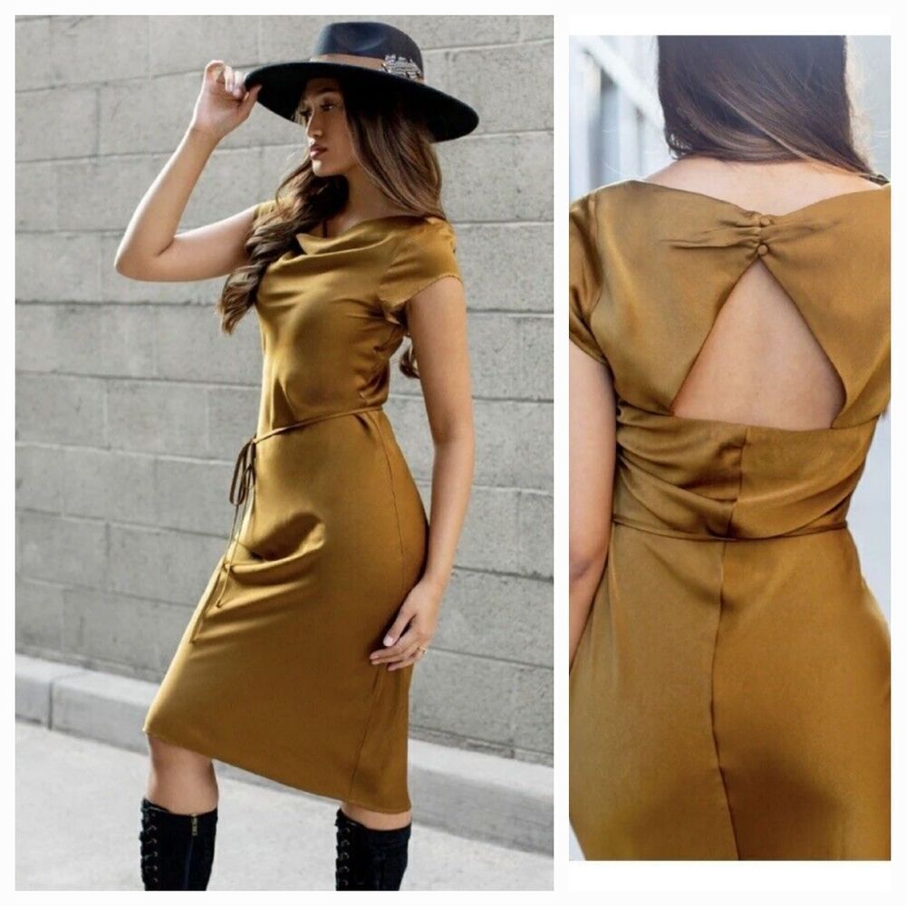NEW Joyfolie Haven Satin Tie Belt Dress in Bistre/Olive Green Brown Size L